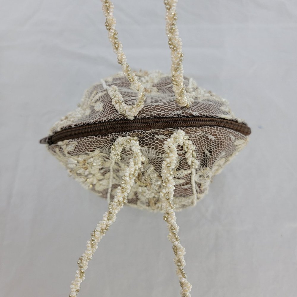 Satin Lace Pearl Bead Brown Ivory/Gold Wedding/Cocktail Small Ball Handbag Purse - Picture 5 of 12